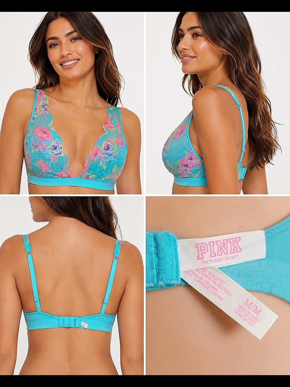 PINK Victoria's Secret Turquoise Floral Lace Bralette Sz Med